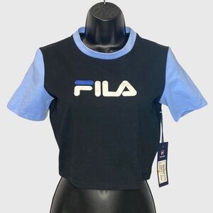 NWT FILA ANNA CROP TEE IN BLACK/ VISTA BLUE WOMEN’S SZ SMALL